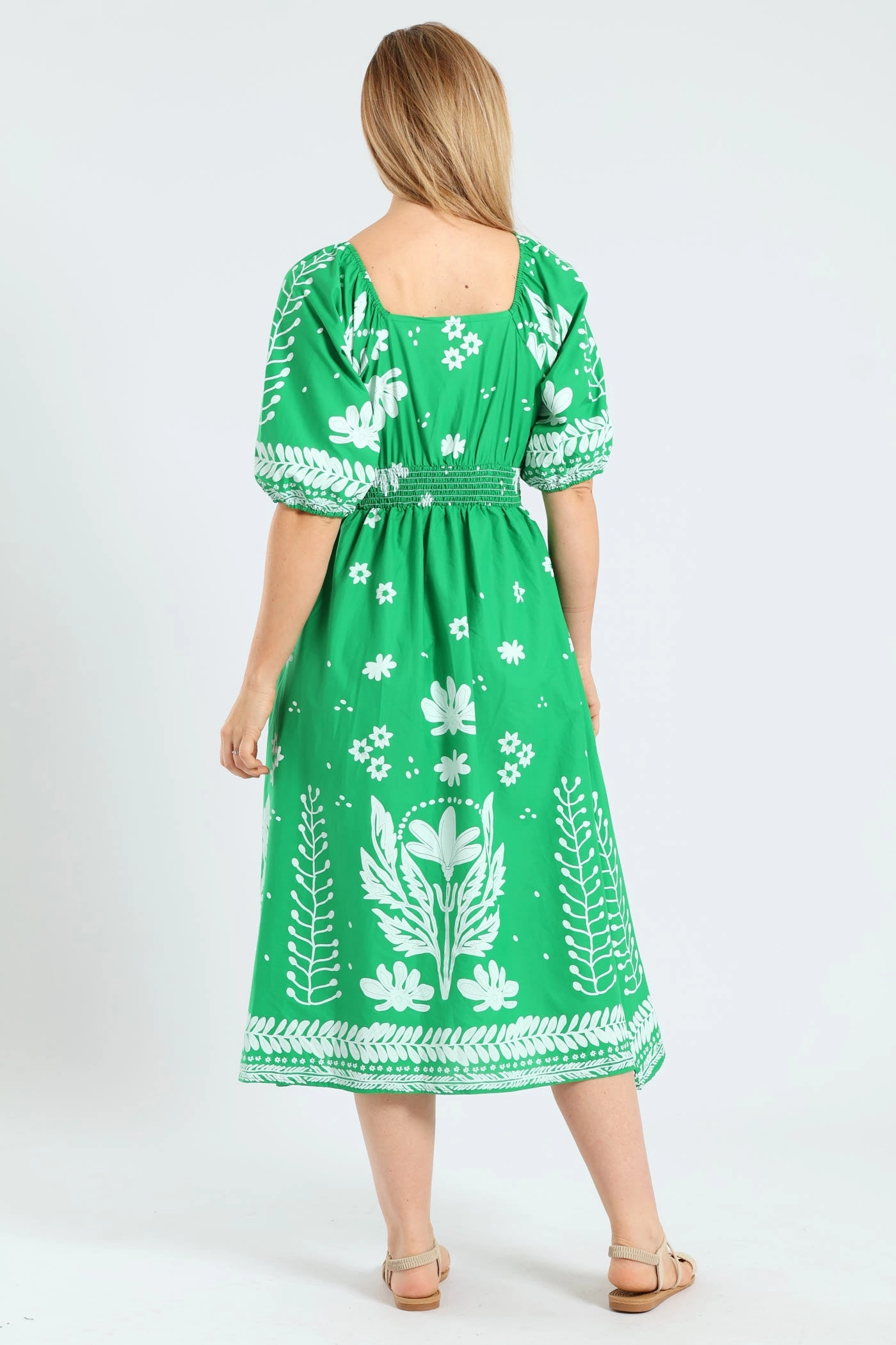Contrast-Panel HypoallergenicFiber 3/4 Sleeve V-Neck Border Print Midaxi Dress - Emerald