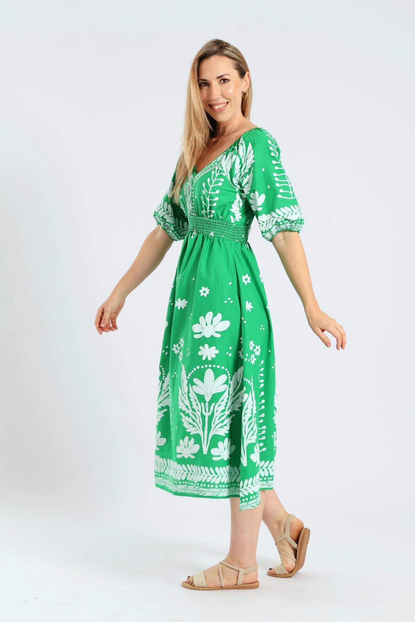 3/4 Sleeve V-Neck Border Print Midaxi Dress - Emerald Day Ready