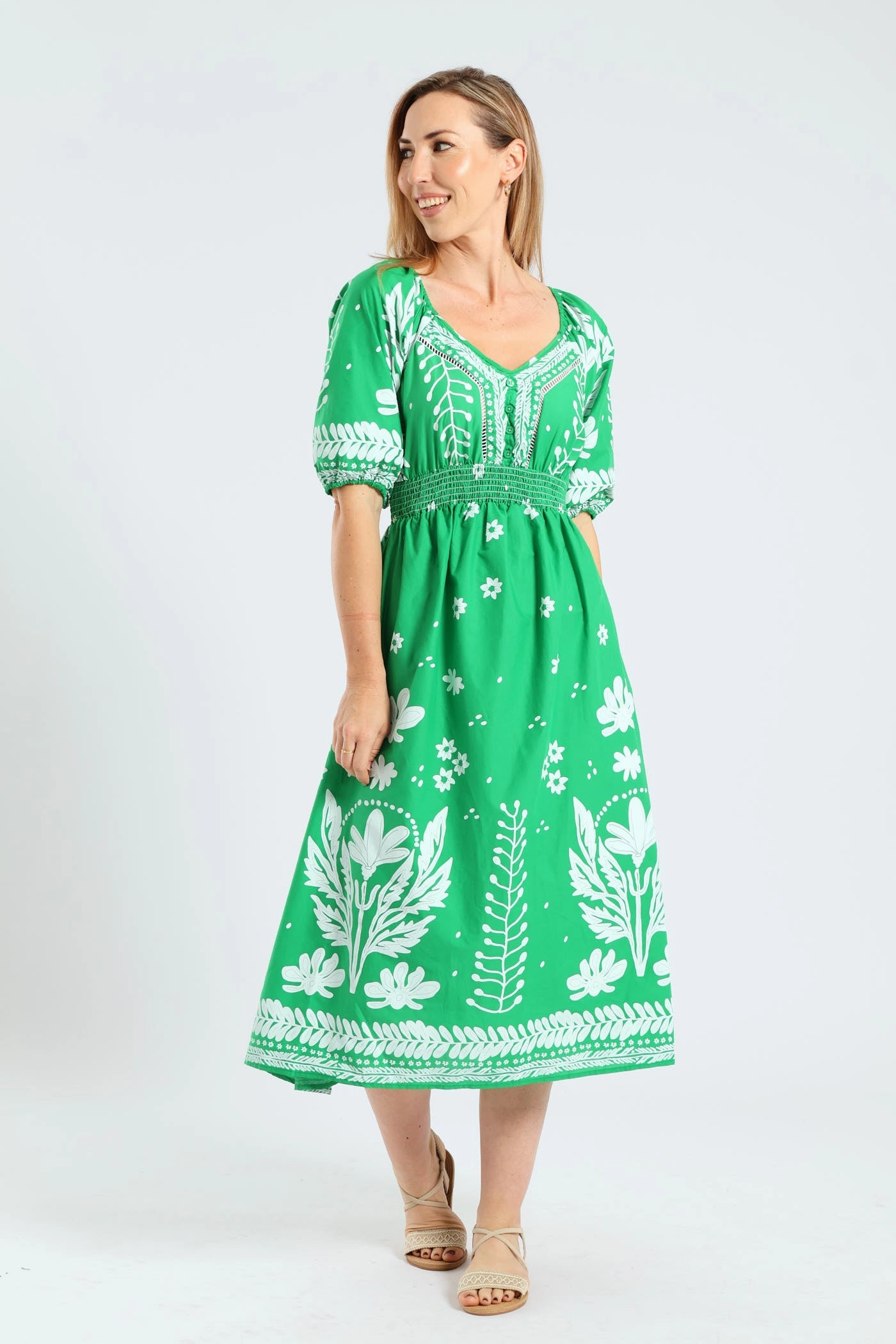 Night wear 3/4 Sleeve V-Neck Border Print Midaxi Dress - Emerald