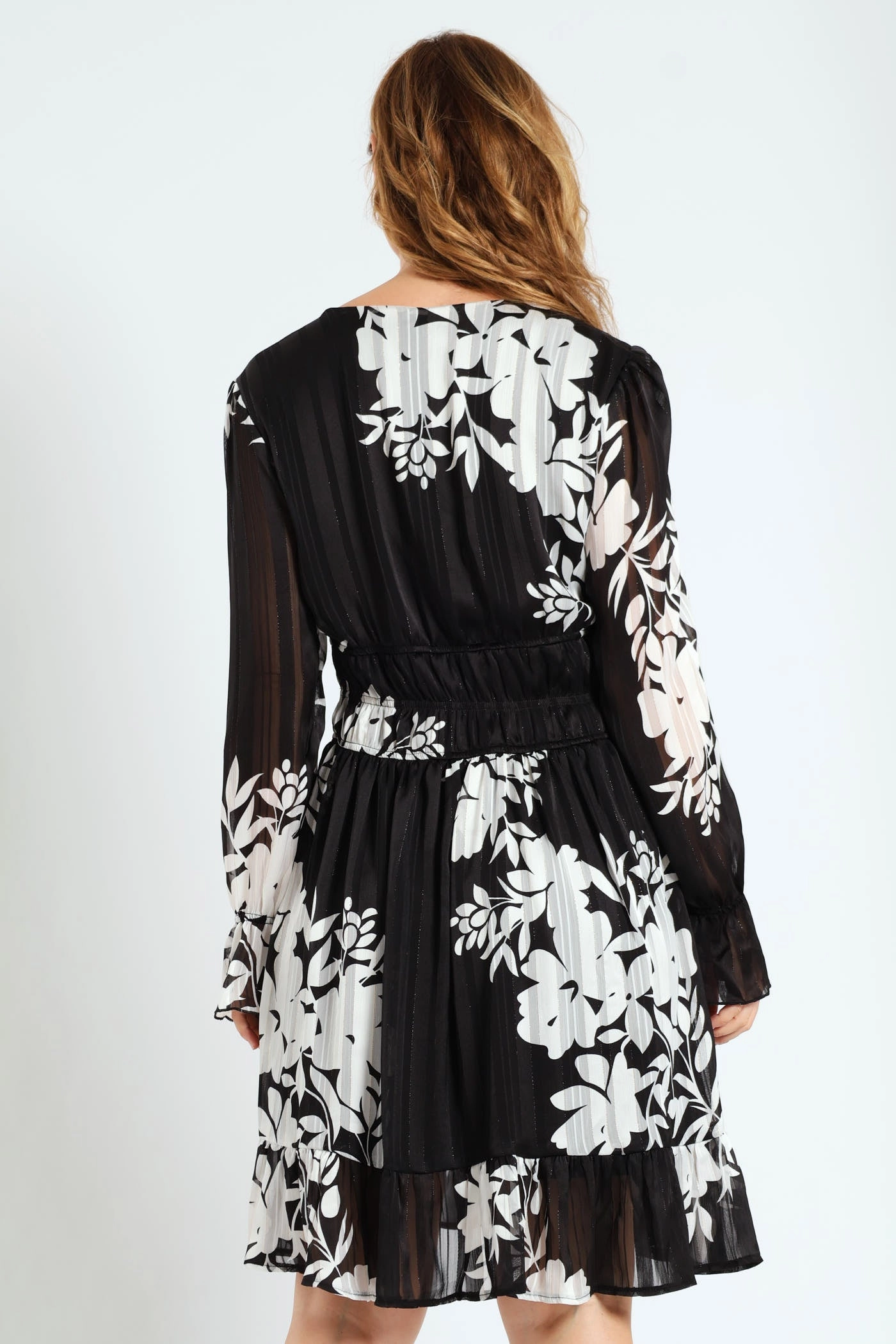 Lace-Trim Curve Friendly V-Neck Elasticated Waist Tea Dress - Black/White