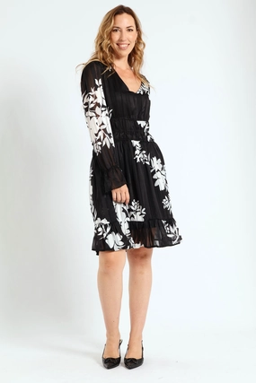 Fine Texture Shared Glow V-Neck Elasticated Waist Tea Dress - Black/White