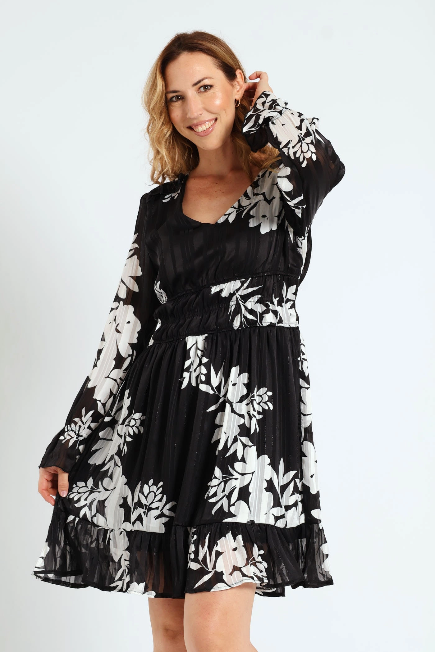V-Neck Elasticated Waist Tea Dress - Black/White Bold Movement Slit-Hem