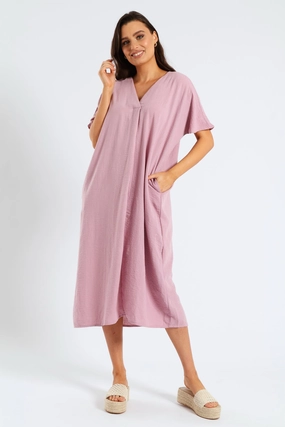 V-Neck Pleated Front Kaftan Midi Dress - Mauve Office Tone Edge Detail