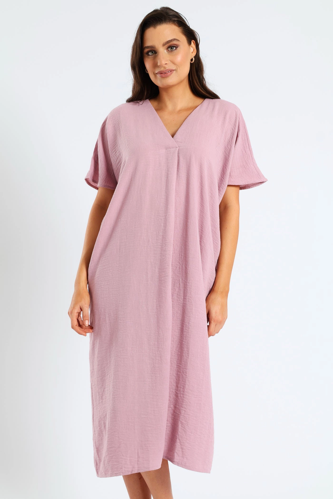 V-Neck Pleated Front Kaftan Midi Dress - Mauve Perfect Shape