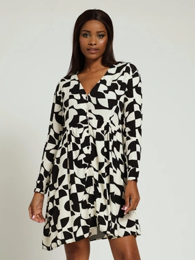 Sharp Motion V-Neck Printed Shirt Dress - Black
