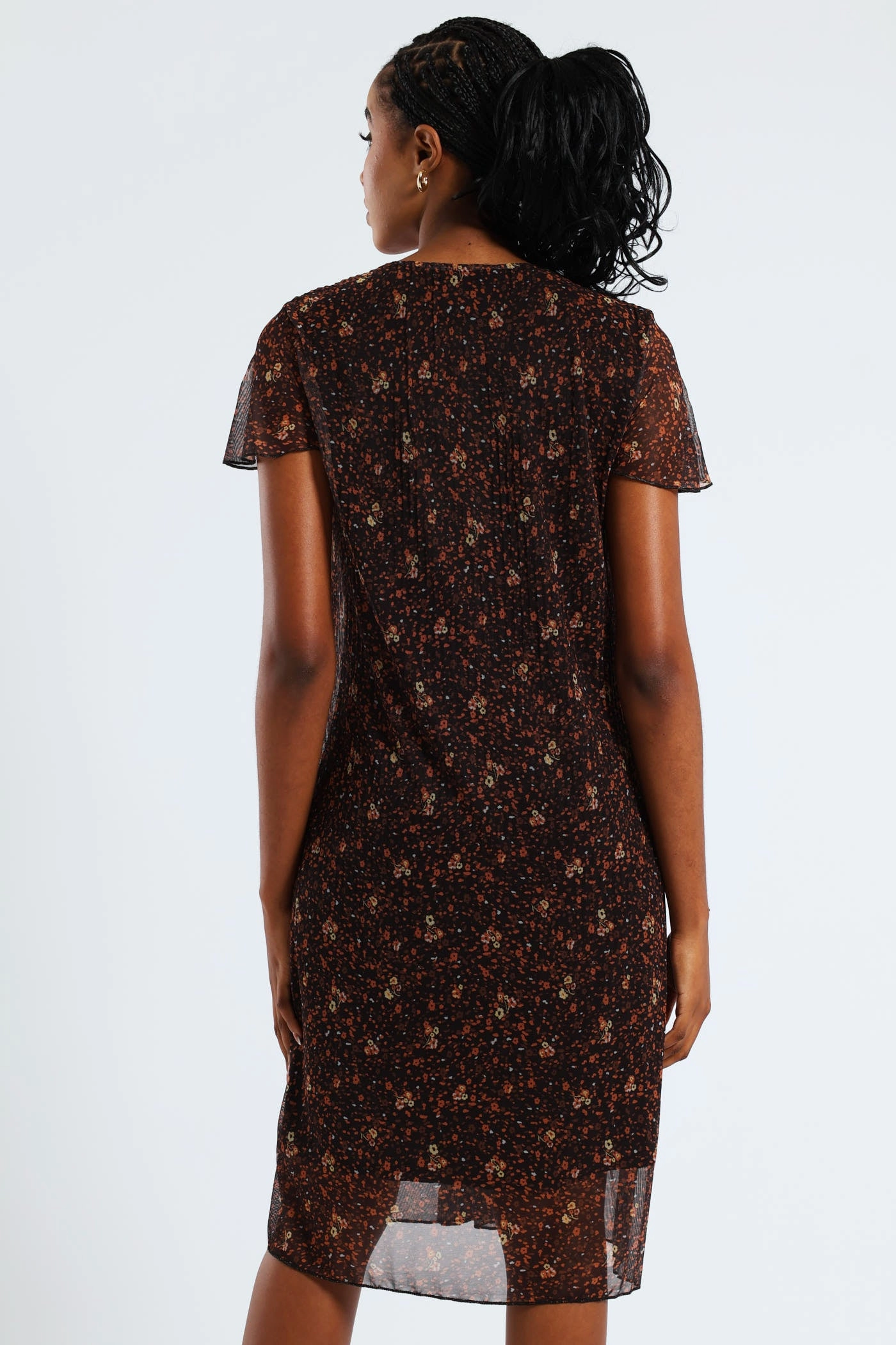 Matte Look Flexible Fit V-Neck Release Pleat Mesh Midi Dress - Black/Orange