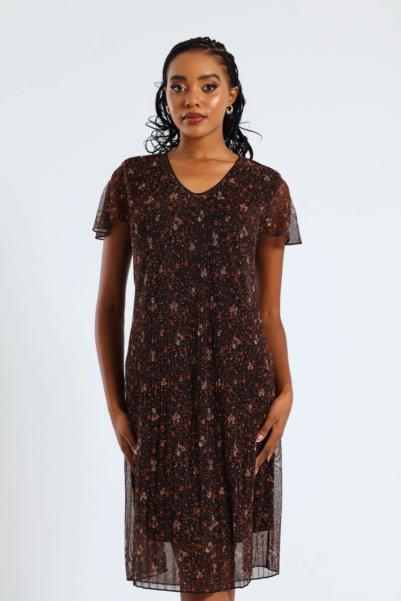 V-Neck Release Pleat Mesh Midi Dress - Black/Orange Polished Appearance Pink Glow