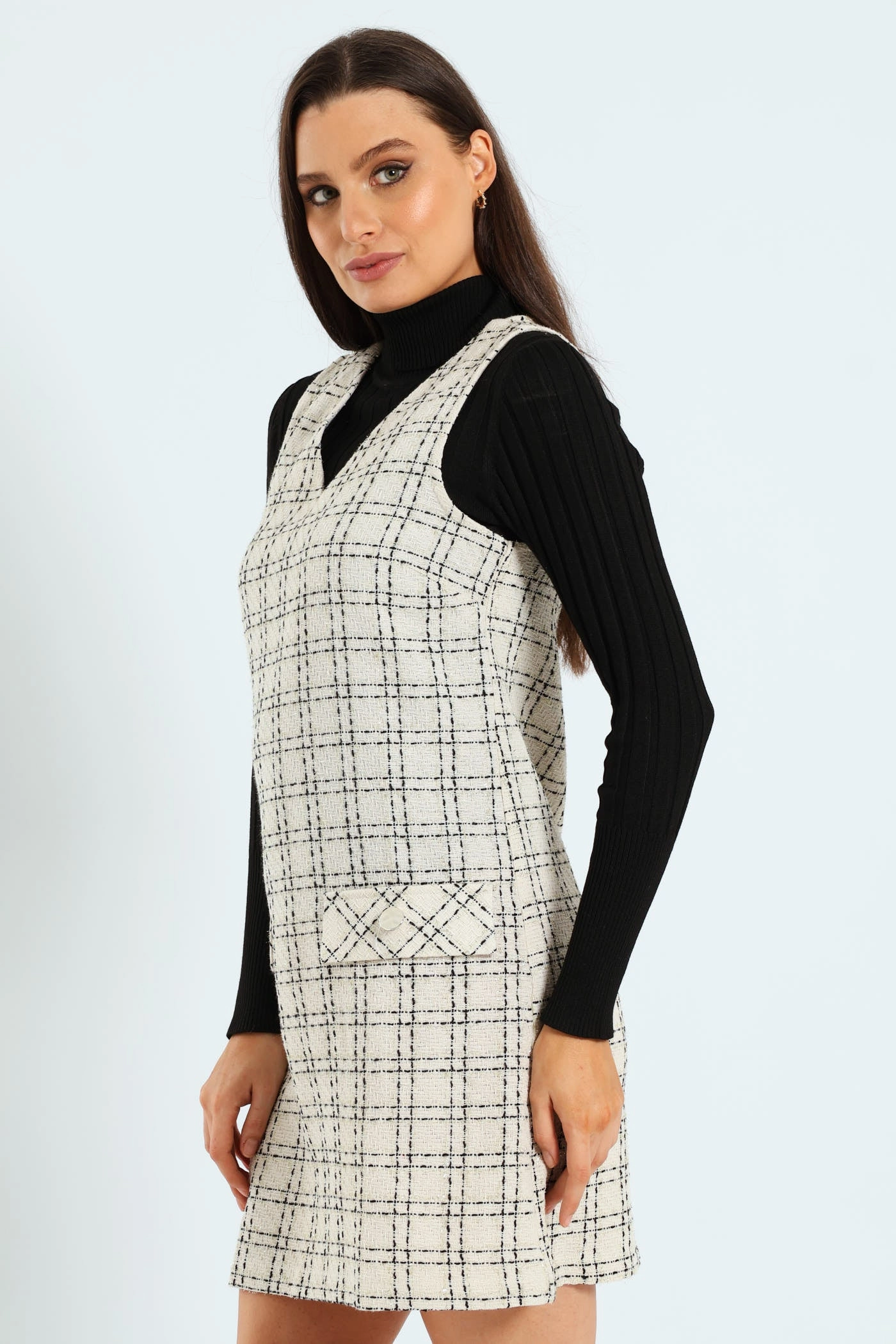 V-Neck Tweed Shift Dress - Cream/Black Satin-Finish