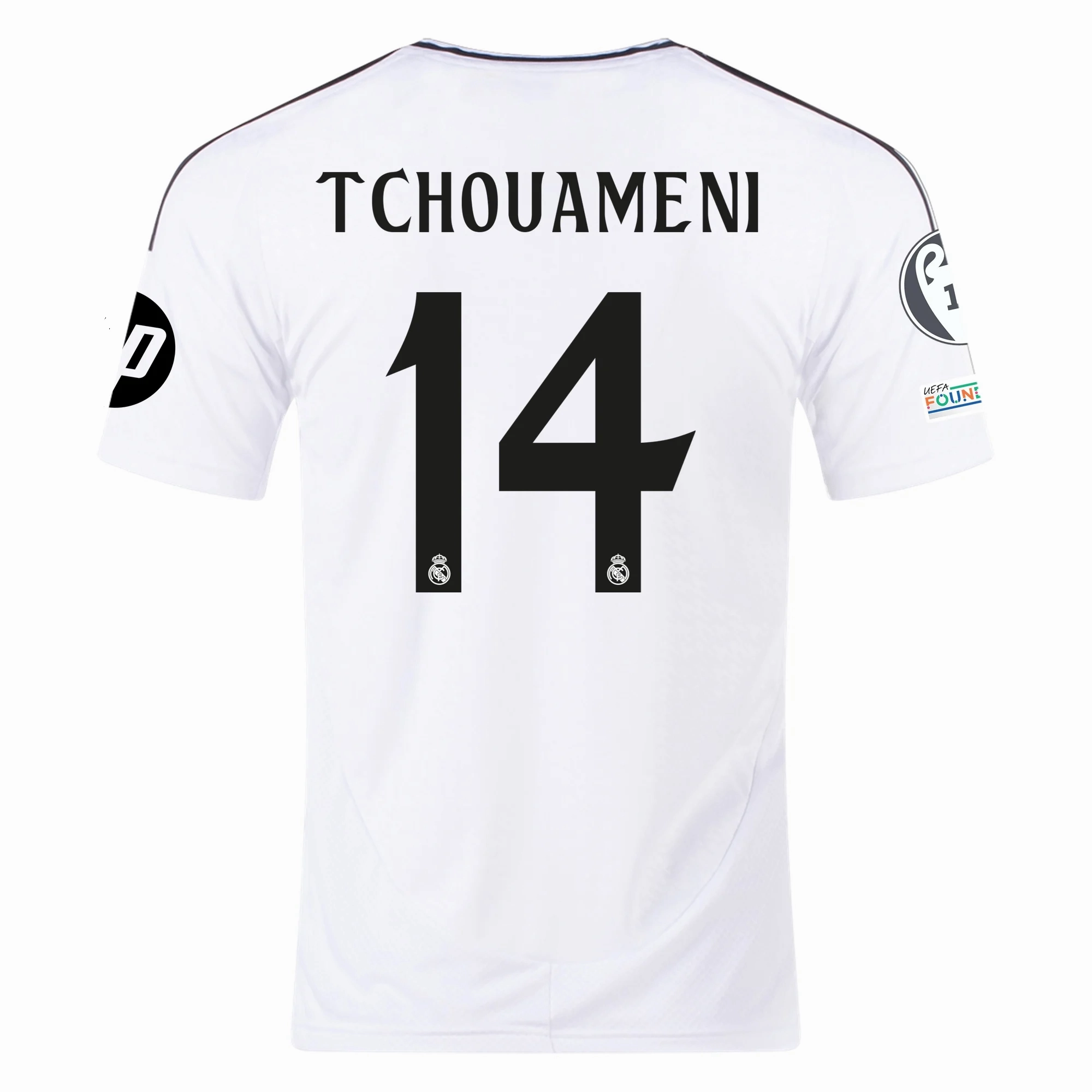 Adjustable Hem adidas Real Madrid Aur??lien Tchouam??ni Home Jersey 24/25 w/ Champions League Patches (White/Black)