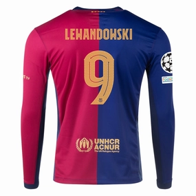 Nike Barcelona Home Robert Lewandowski Long Sleeve Jersey w/ Champions League Patches 24/25 (Royal/Nobel Red/Club Gold) Reinforced Shoulders