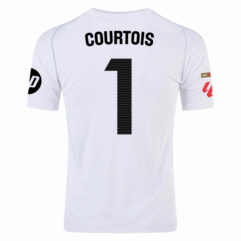 Four Way Stretch Aerobic Performance Fit adidas Courtois Real Madrid Authentic Home Jersey w/ La Liga Patches 24/25 (White/Black)