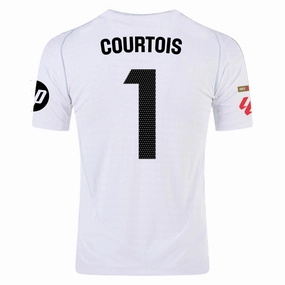 Four Way Stretch Aerobic Performance Fit adidas Courtois Real Madrid Authentic Home Jersey w/ La Liga Patches 24/25 (White/Black)