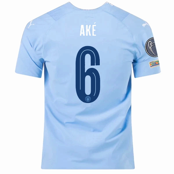 Puma Manchester City Authentic Nathan Ake Home Jersey w/ Champions League   Club World Cup Patches 23/24 (Team Light Blue/Puma White) Friction Free Seams