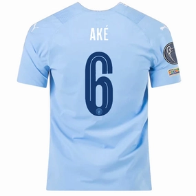 Puma Manchester City Authentic Nathan Ake Home Jersey w/ Champions League   Club World Cup Patches 23/24 (Team Light Blue/Puma White) Friction Free Seams
