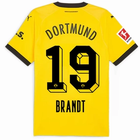 Contrast Trim Detailing Puma Borussia Dortmund Authentic Julian Brandt Home Jersey w/ Bundesliga Patch 23/24 (Cyber Yellow/Puma Black)