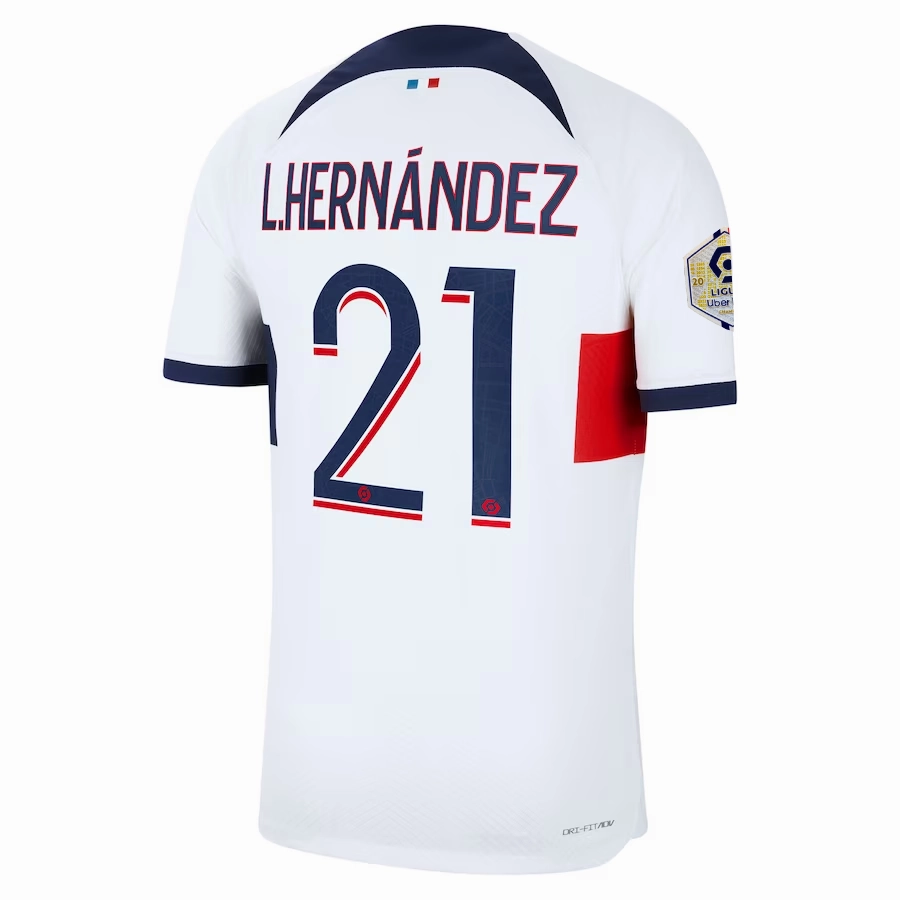 Nike Paris Saint-Germain Authentic Lucas Hernandez Hakimi Match Vaporknit Away Jersey w/ Ligue 1 Patch 23/24 (White/Midnight Navy) Functional Design Abrasion Defensive Layer