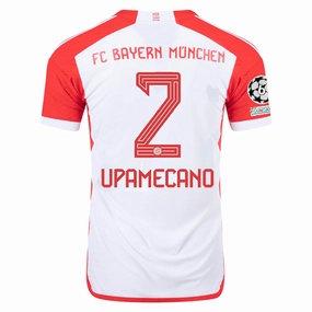 adidas Bayern Munich Authentic Dayot Upamecano Home Jersey w/ Champions League Patches 23/24 (White/Red) Impact Fit Stretch Trim
