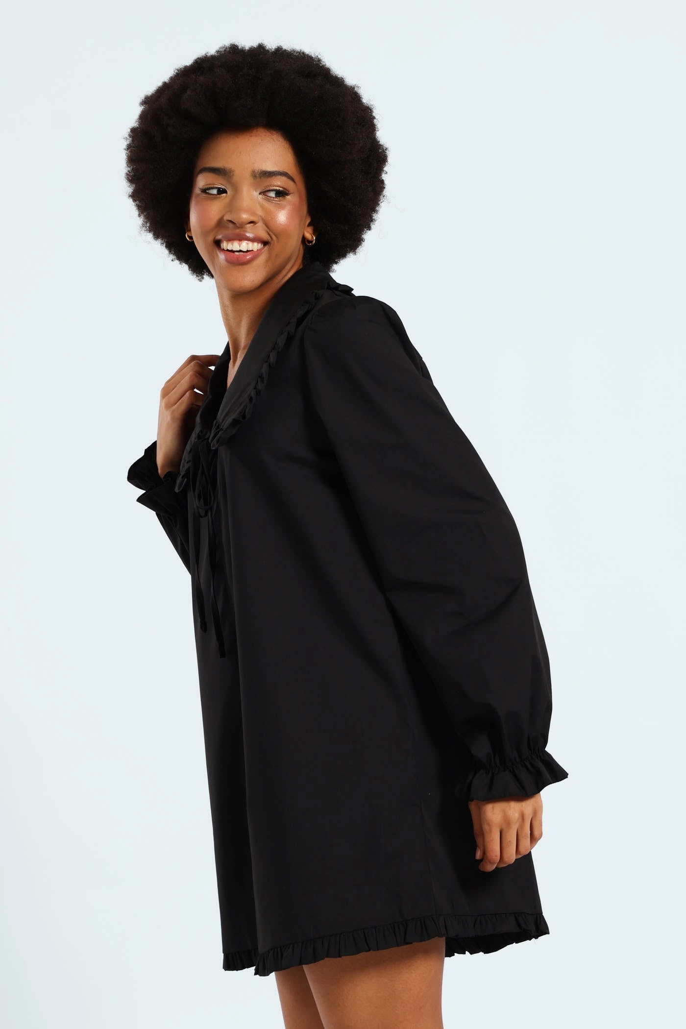 Collared Frill Hem Mini Dress - Black Urban Energy Relaxed Mood