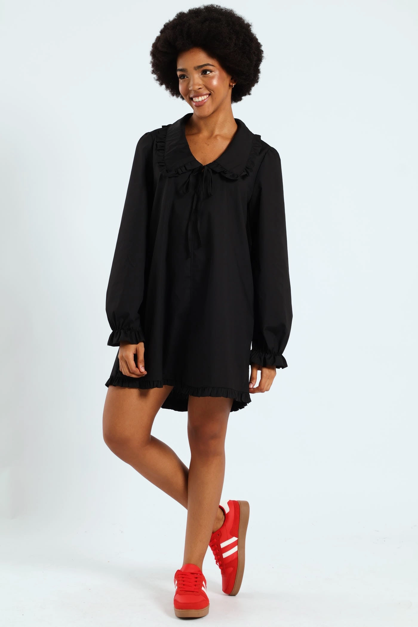 Collared Frill Hem Mini Dress - Black Boho Tone Calm Shine