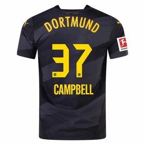 Puma Borussia Dortmund Authentic Cole Campbell Away Jersey w/ Bundesliga Patch 24/25 (Puma Black/Faster Yellow) Performance Stretch Reinforced Armholes