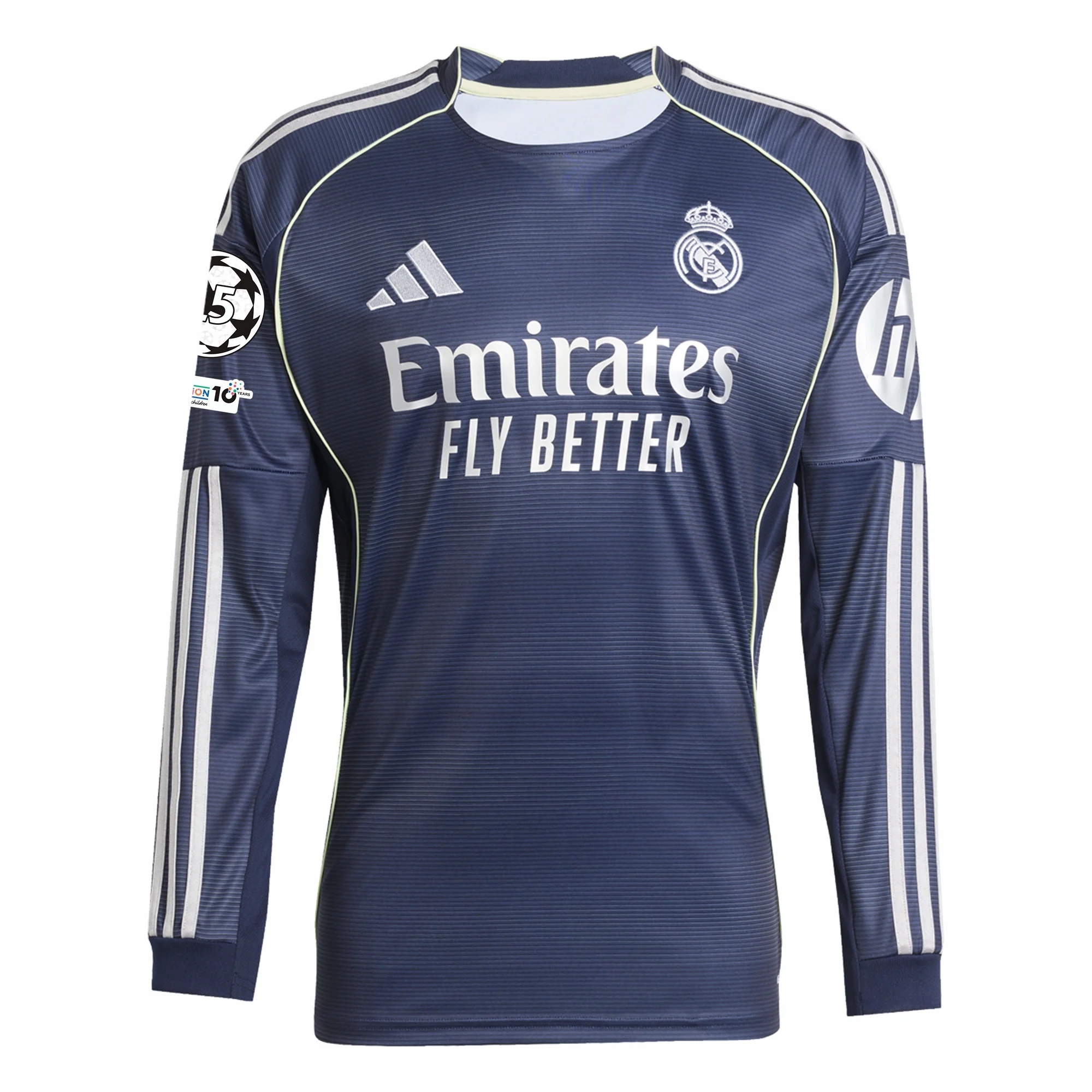 adidas Real Madrid Long Sleeve Away Jersey w/ Champions League Patches 25/26 (Legend Ink) Anti Slip Hem Guard Colorfast Dye Process