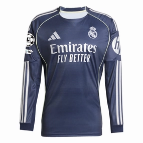 adidas Real Madrid Long Sleeve Away Jersey w/ Champions League Patches 25/26 (Legend Ink) Anti Slip Hem Guard Colorfast Dye Process