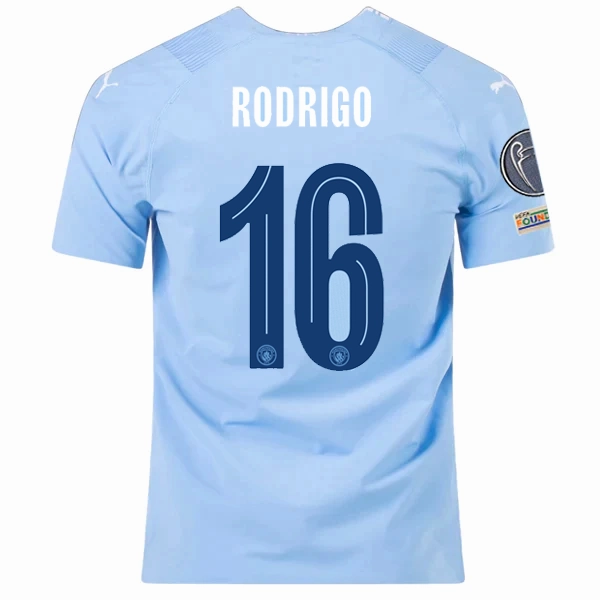 Ultra lightweight Slim Fit Design Puma Manchester City Authentic Rodrigo Home Jersey w/ Champions League   Club World Cup Patches 23/24 (Team Light Blue/Puma White)