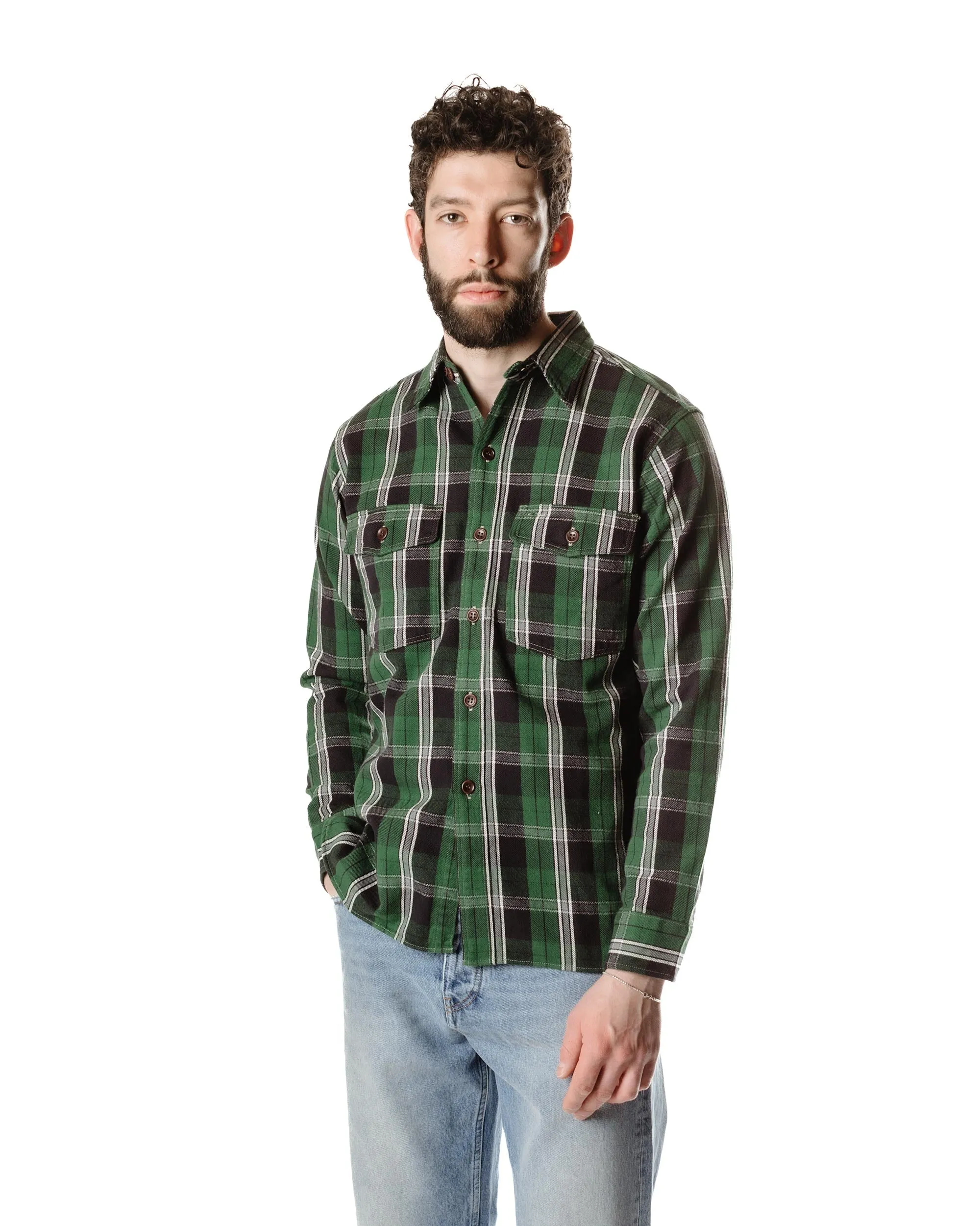 Warehouse Lot. 3022 Flannel Shirt With Chinstrap G Pattern Green (One Wash) ethical fashion Seasonal Fashion