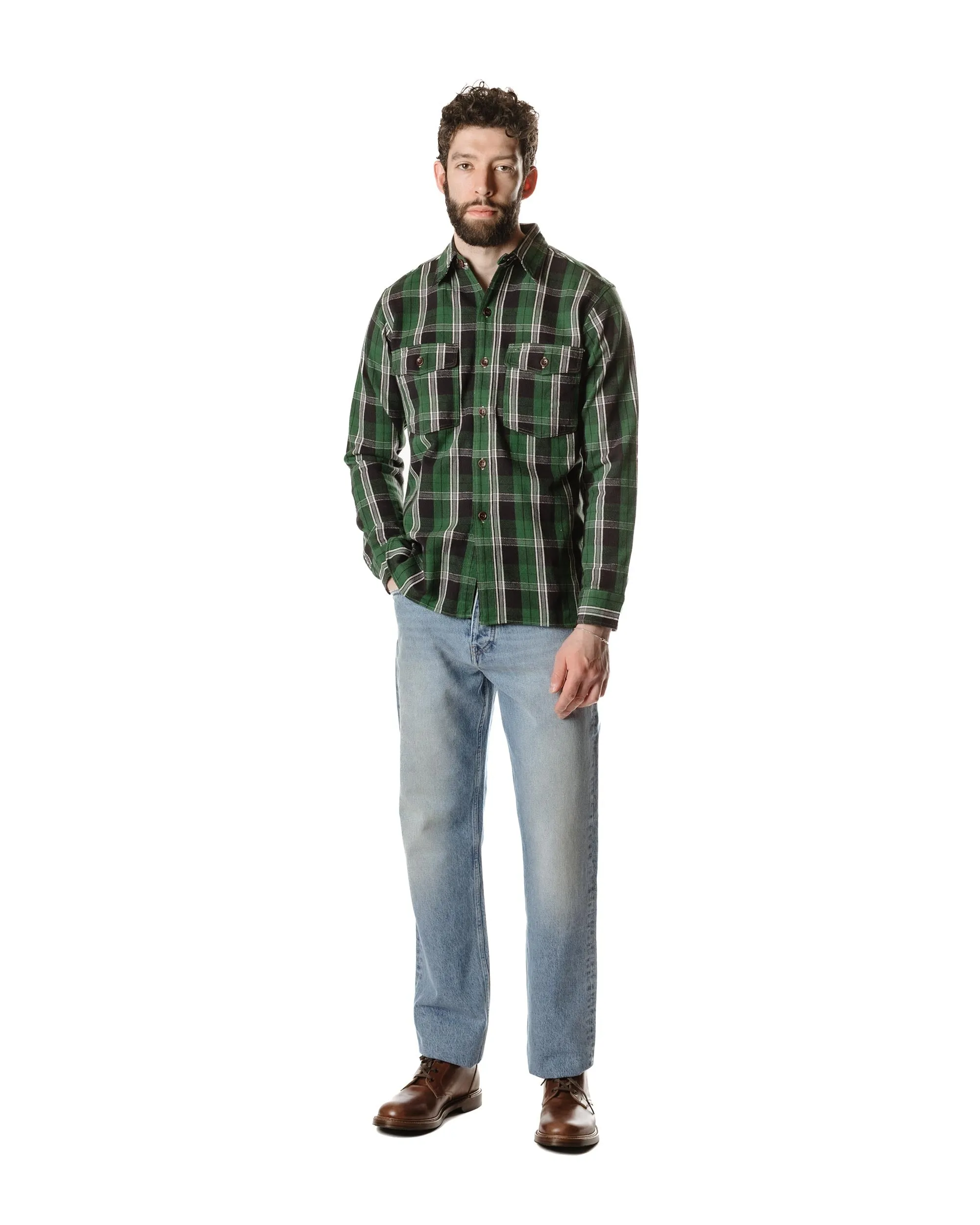 Warehouse Lot. 3022 Flannel Shirt With Chinstrap G Pattern Green (One Wash) Business casual Fashion-Forward