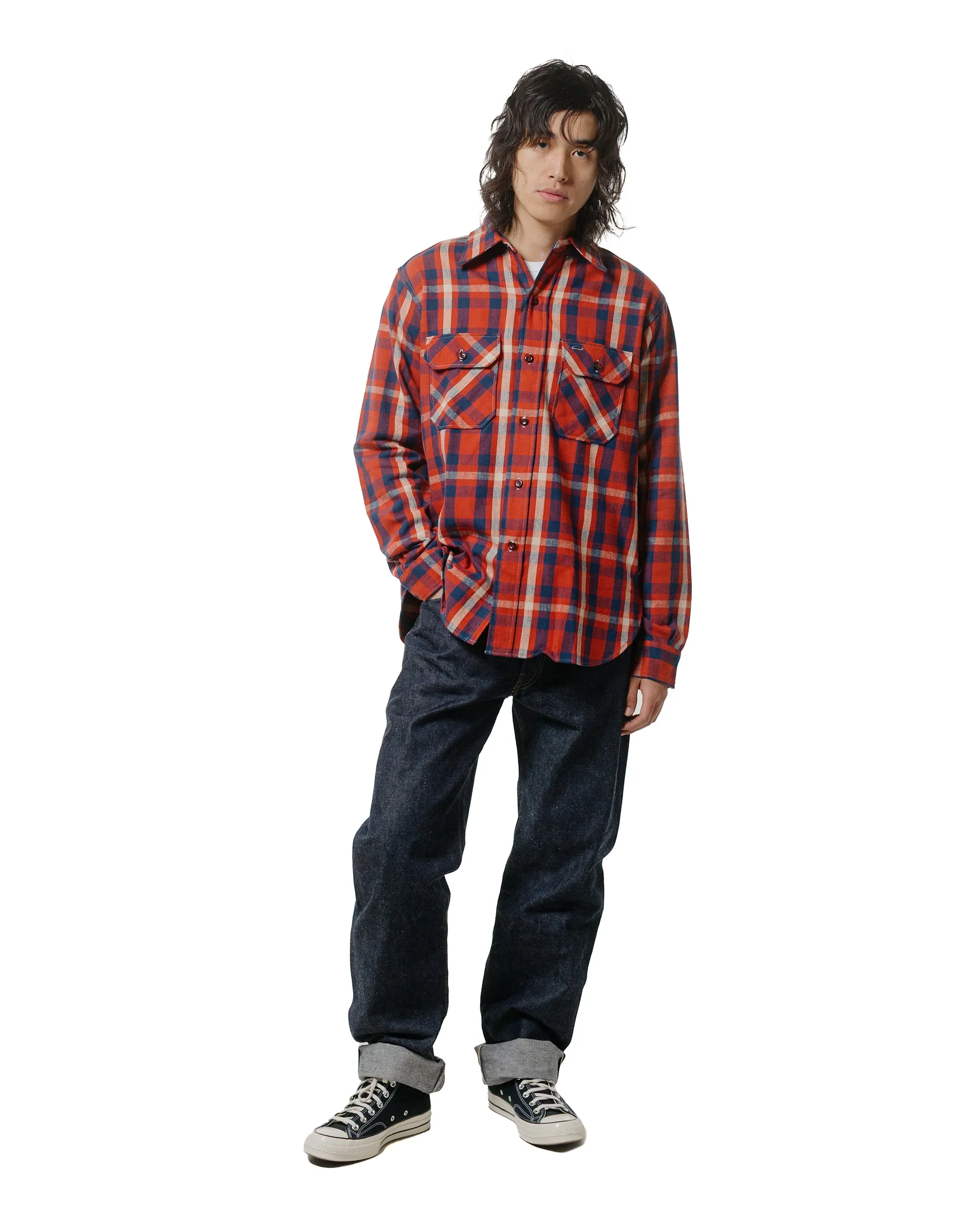 Warehouse Lot. JG-06-2 The Ancient Flannel (The Rounded Pockets) B Pattern Red/Navy High Street Fashion crew neck