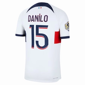 Low Bulk Construction Flexible Cuff Design Nike Paris Saint-Germain Authentic Danilo Match Vaporknit Away Jersey w/ Ligue 1 Patch 23/24 (White/Midnight Navy)