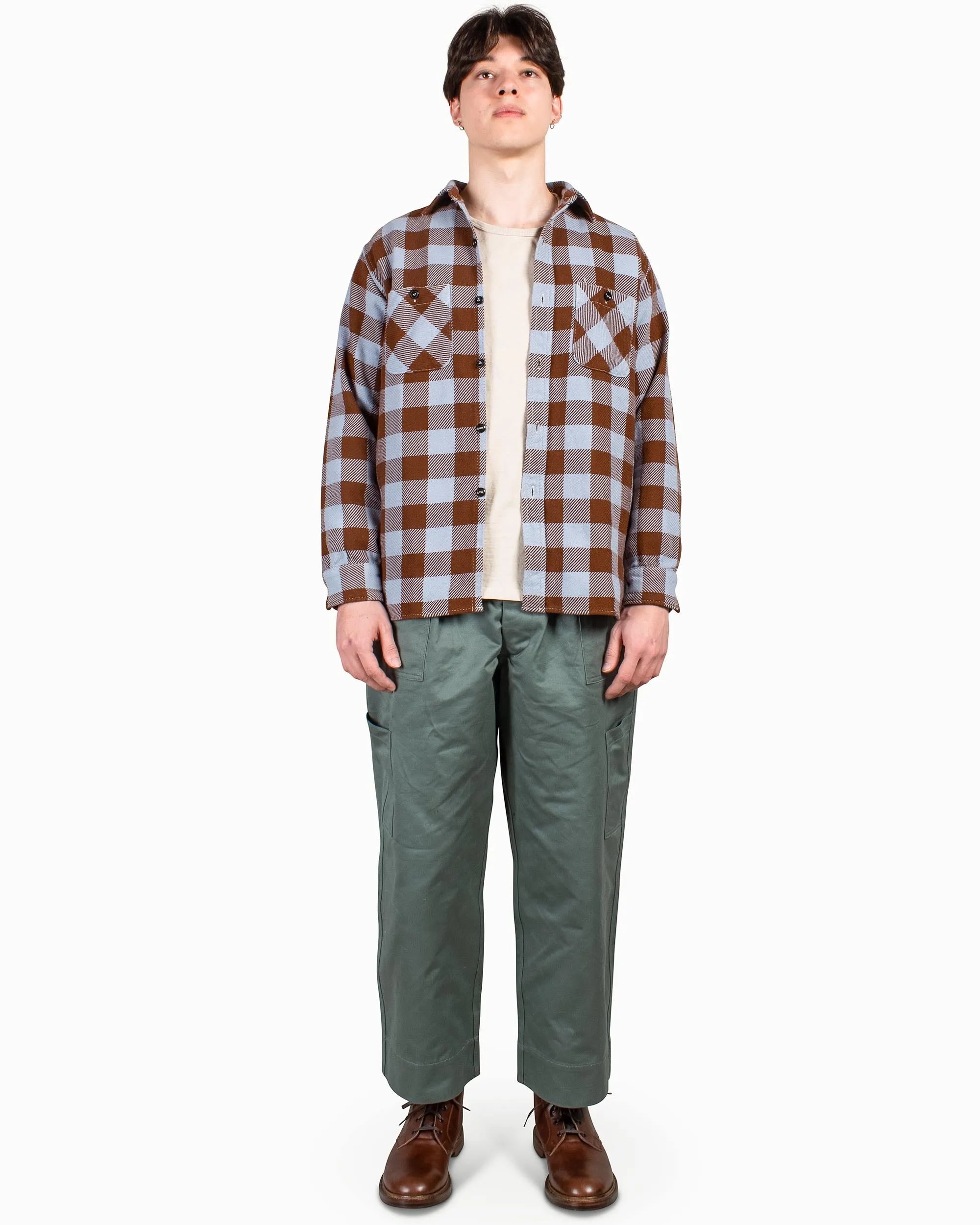 slim fit Picnic Outfit The Real McCoy's MS22104 8HU Buffalo Check Flannel Shirt Saxe/Brown