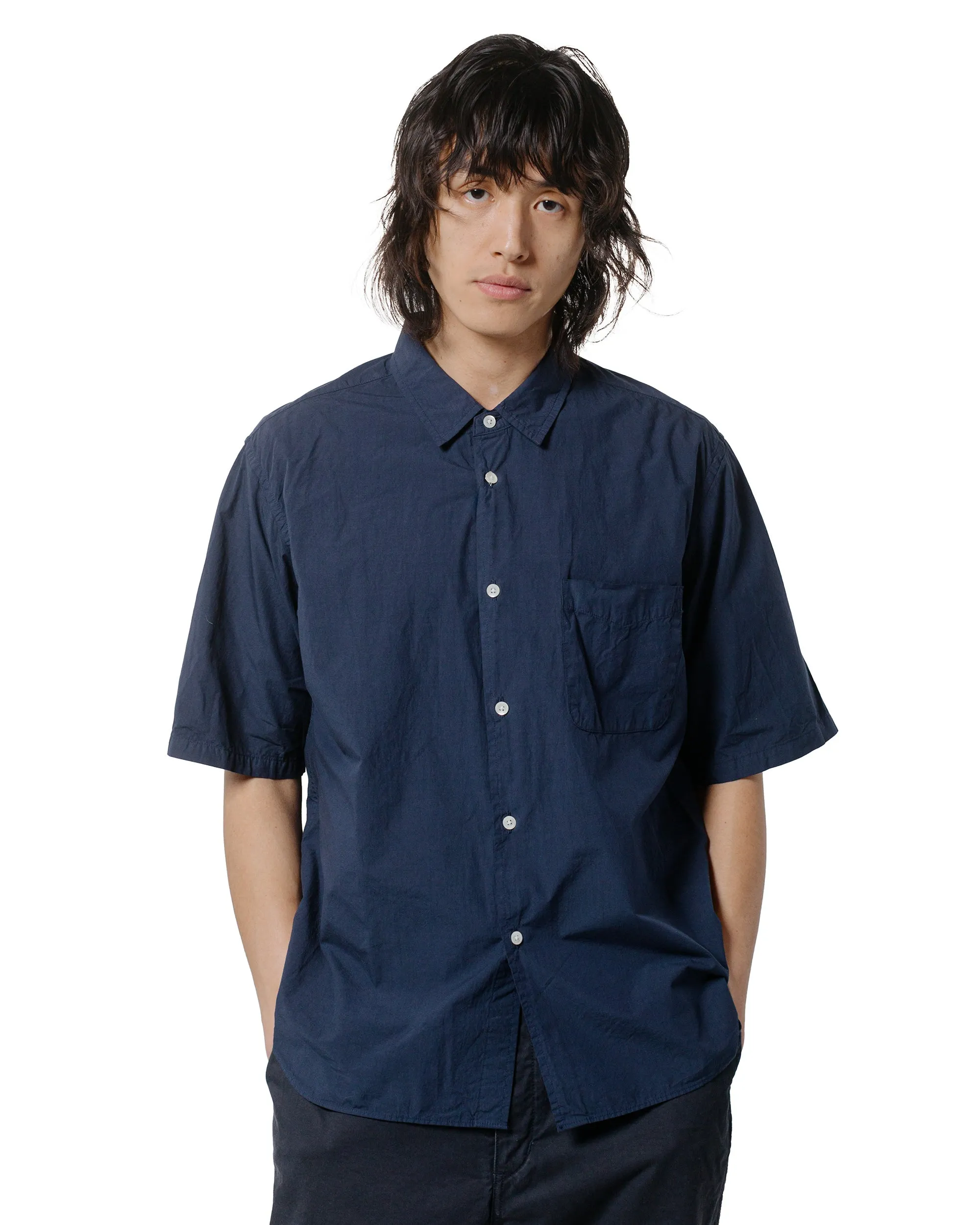 Fashion staples Versatile Layering Sage de Cret Organic Cotton Broadcloth Short Sleeve Regular Collar Shirt Navy