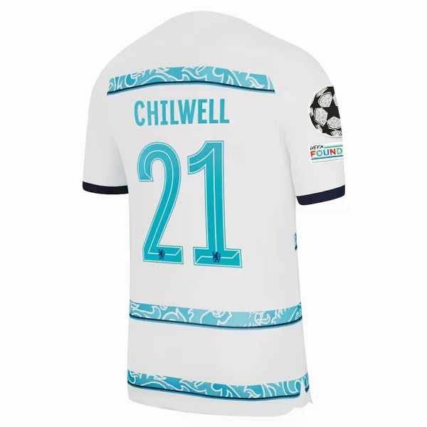 Smart Comfort Nike Chelsea Ben Chilwell Away Jersey w/ Champions League   Club World Cup Patches 22/23 (White/College Navy)