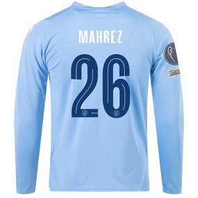 Puma Manchester City Riyad Mahrez Home Long Sleeve Jersey w/ Champions League   Club World Cup Patches 23/24 (Team Light Blue/Puma White) Temperature Regulating Fiber Quick Motion
