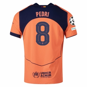Nike Pedri FC Barcelona Third T90 Authentic Jersey 25/26 w/ Champions League Patches (Mango/Navy) Running Style Wicking Fiber Technology