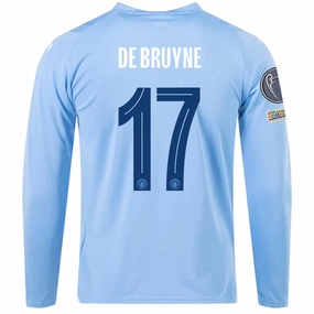 Puma Manchester City Kevin De Bruyne Home Long Sleeve Jersey w/ Champions League   Club World Cup Patches 23/24 (Team Light Blue/Puma White) Breathable Material