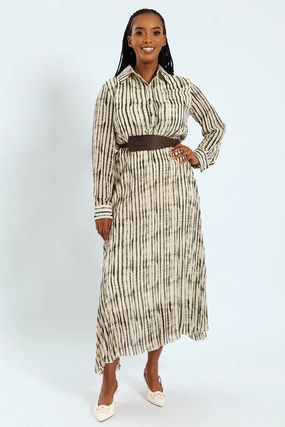 Wide Belted Pleated Shirt Maxi Dress Minimal Design Bohemian-Style