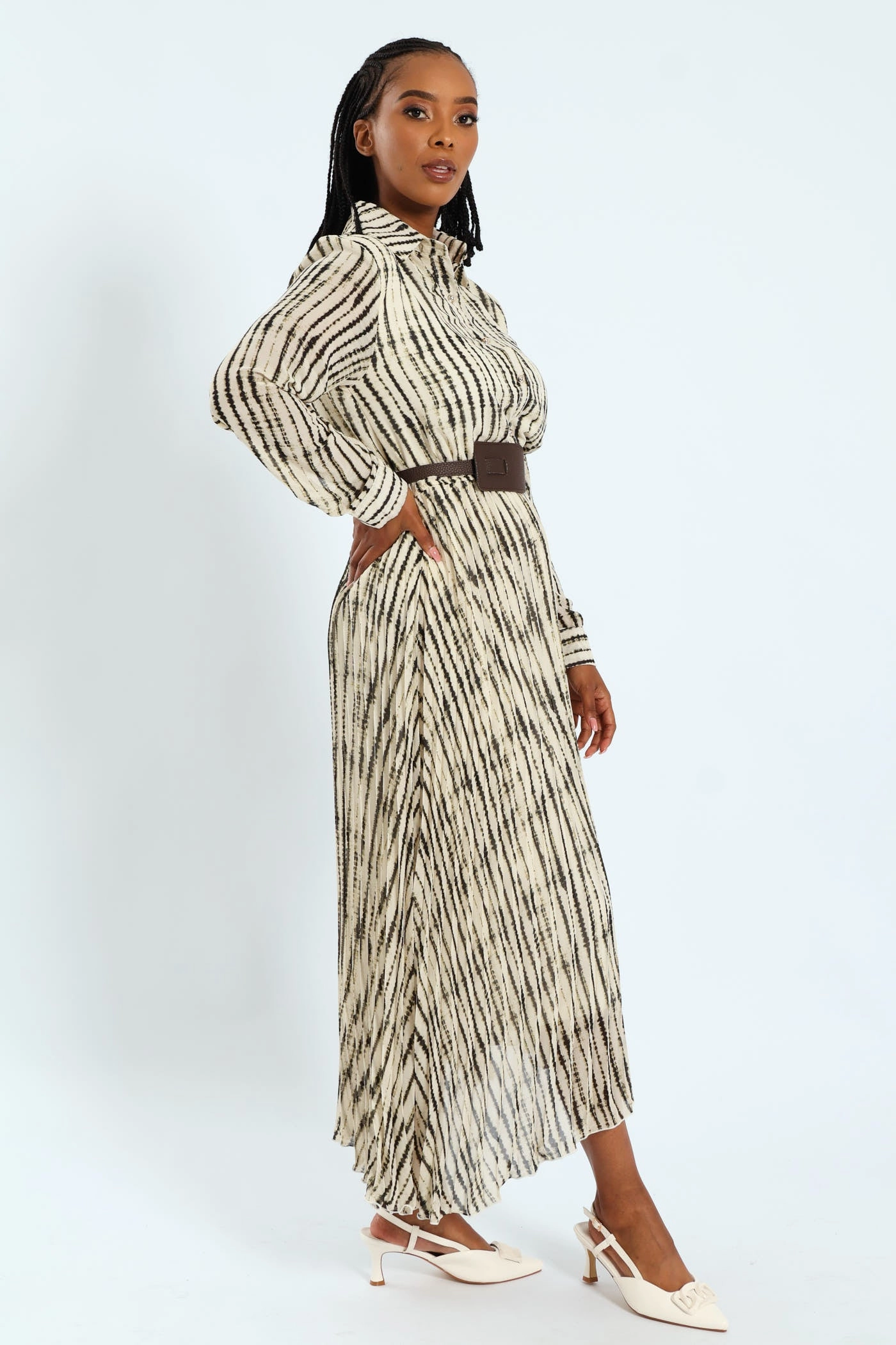 Wide Belted Pleated Shirt Maxi Dress Trendy Layering Comfortable Cut