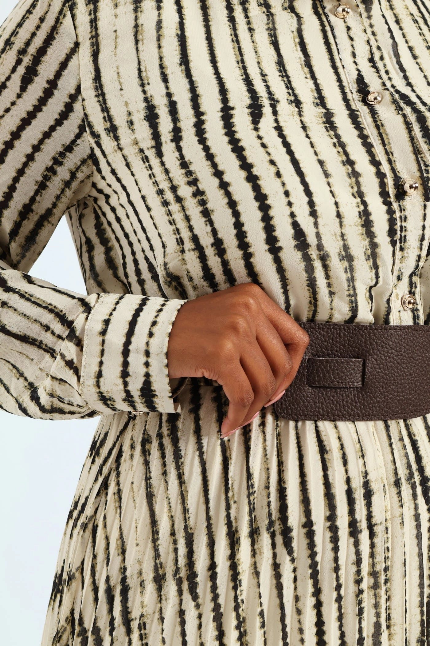 Wide Belted Pleated Shirt Maxi Dress Style Ease Glossy-Finish