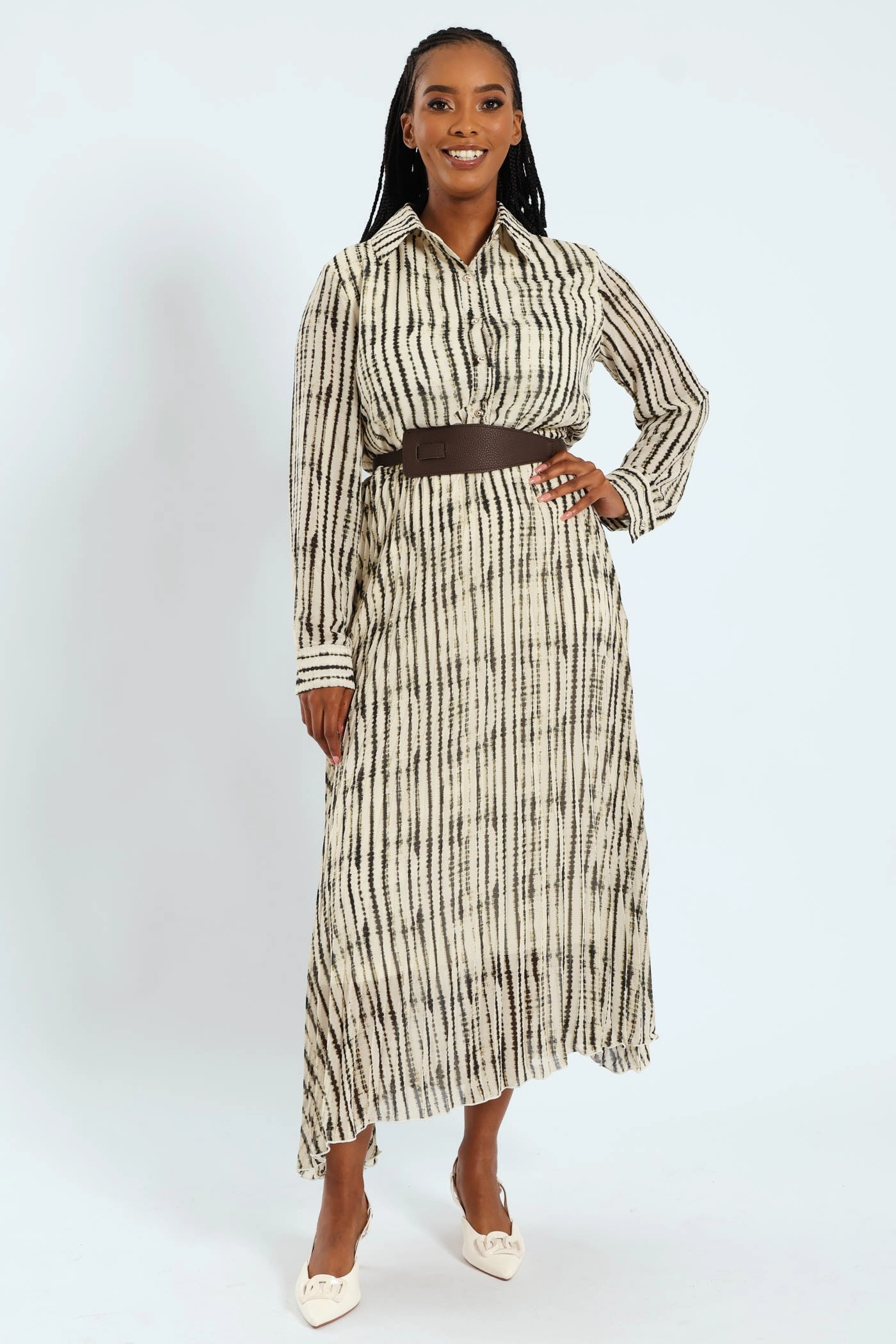 Subtle Drape Wide Belted Pleated Shirt Maxi Dress