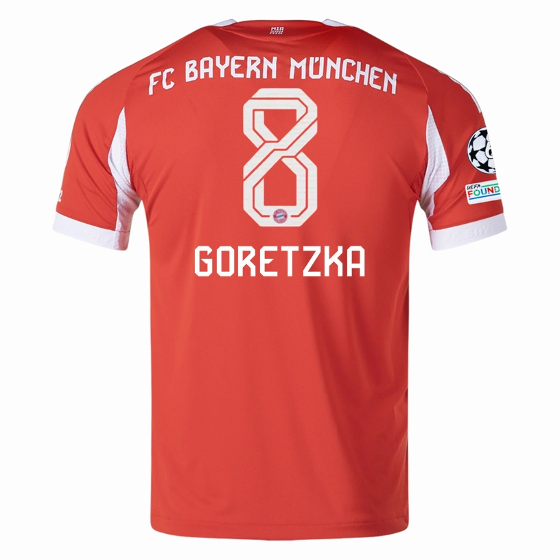 Multi Panel Construction adidas Bayern Munich Goretzka Home Jersey w/ Champions League Patches 25/26 (Red)