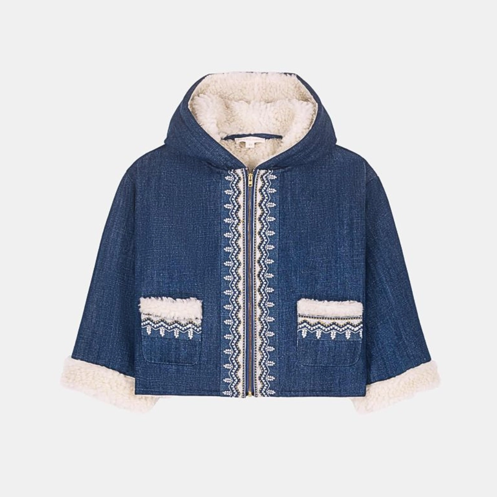 Kangaroo Pocket Magnetic Closure System Louise Misha Melvette Denim Coat, Stone Blue