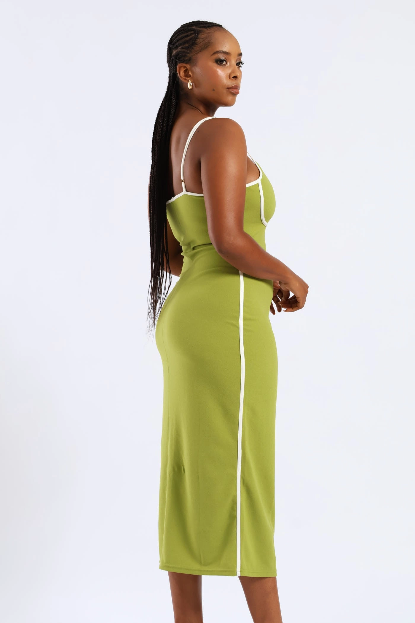 Panelled Contrast Bodycon Maxi Dress - Chartreuse Sage Detail Cinched-Waist