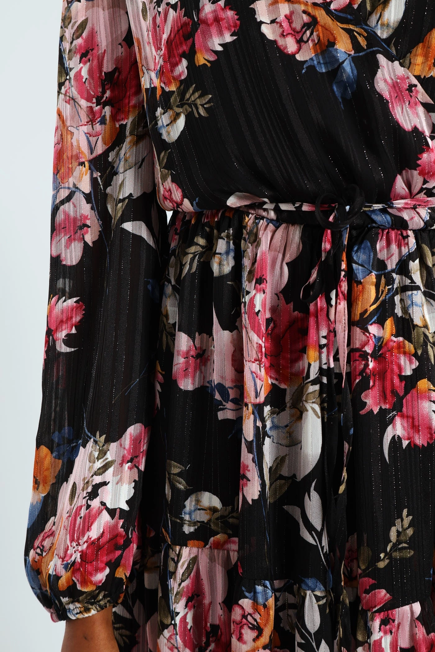 Wrap Waisted Frill Hem Tea Dress - Black Bright Accent Layered Comfort