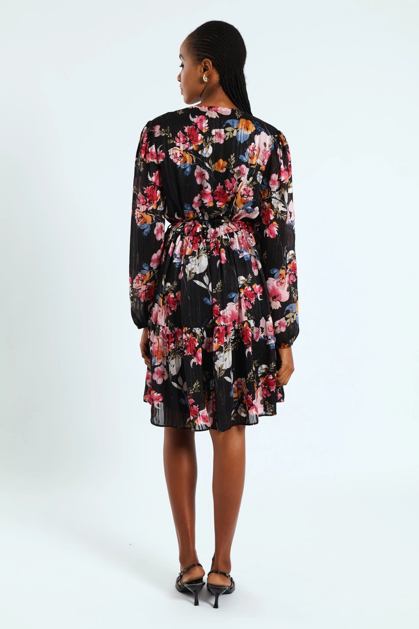 Wrap Waisted Frill Hem Tea Dress - Black Scoop-Neck