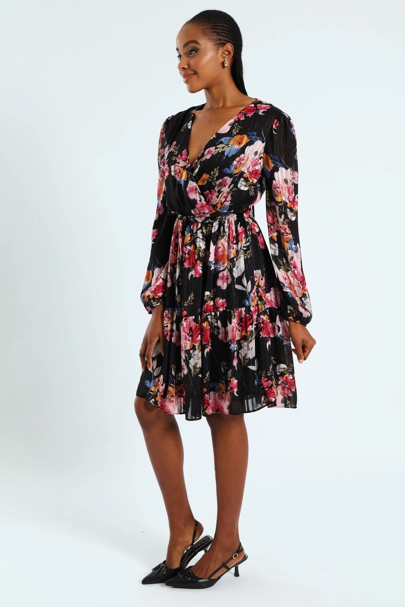 Soft Draping Invisible-Zip Wrap Waisted Frill Hem Tea Dress - Black