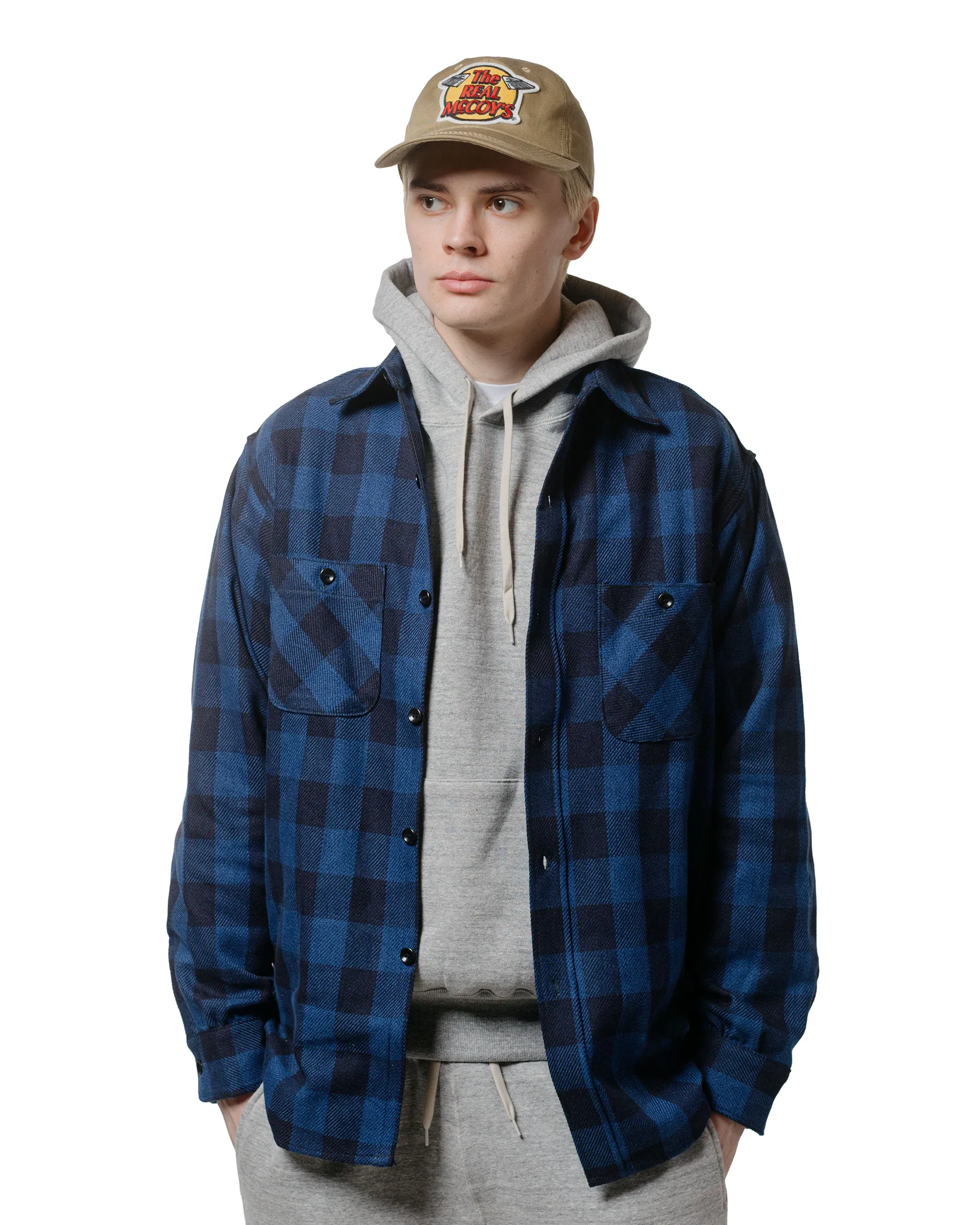 The Real McCoy's MS24102 8HU Twisted-Yarn Buffalo Check Flannel Shirt Blue/Black Versatile Styling Reinforced Elbow Patches