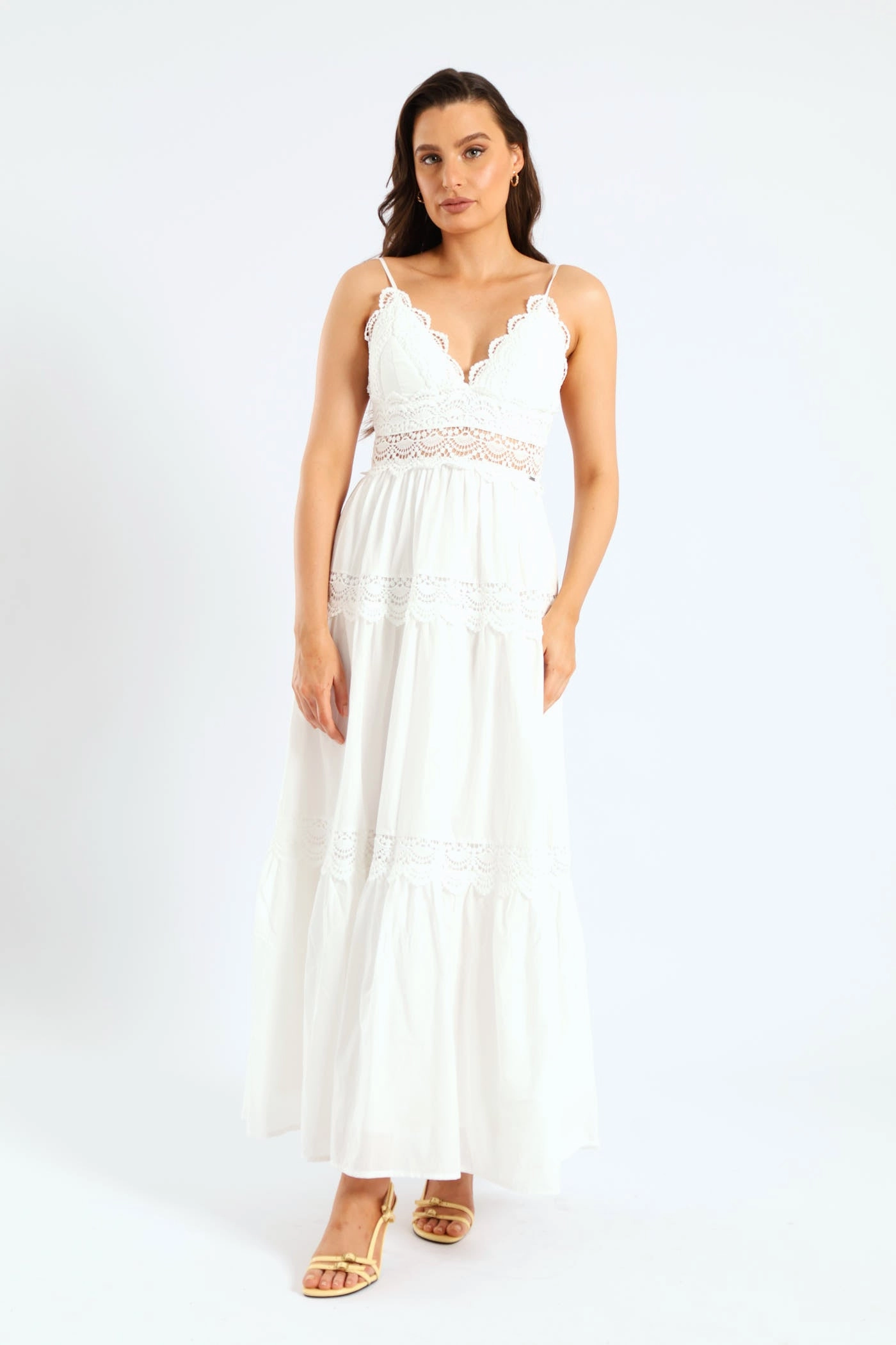 Street Look Unisex Option Aurelia Tiered Lace Maxi Dress - White