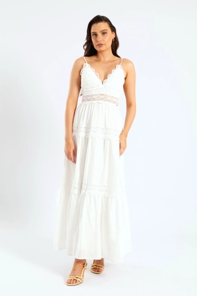 Street Look Unisex Option Aurelia Tiered Lace Maxi Dress - White